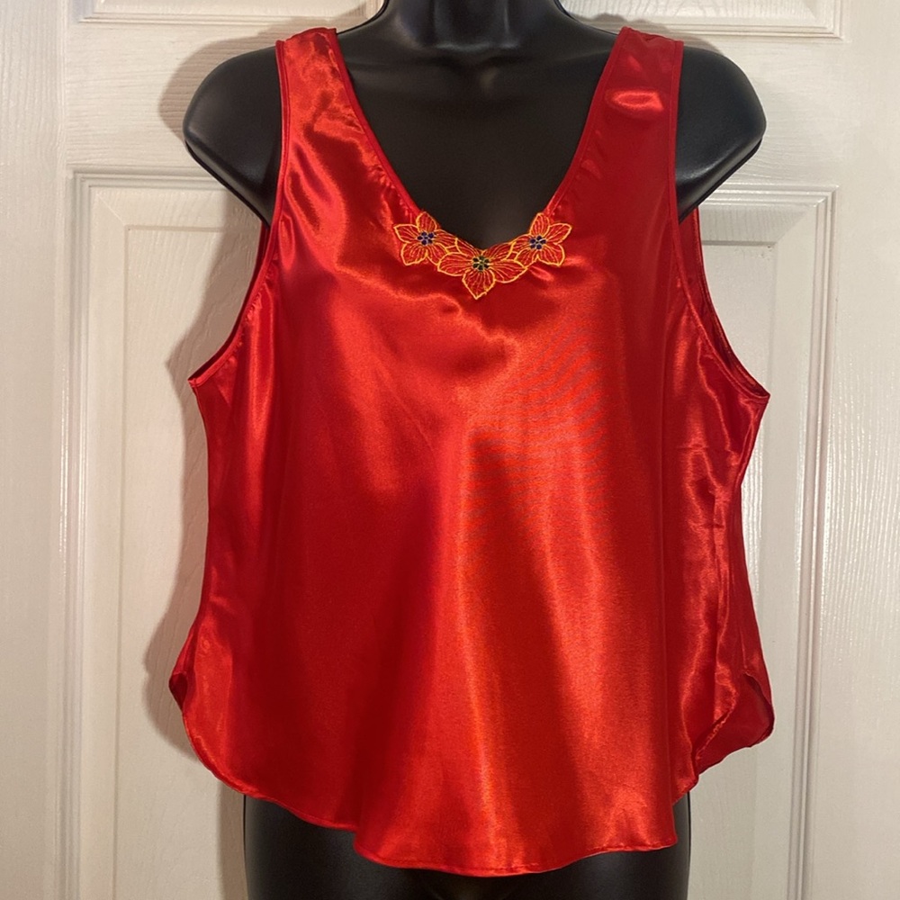 Vintage Vibrant Red Satin Camisole with Floral Detail